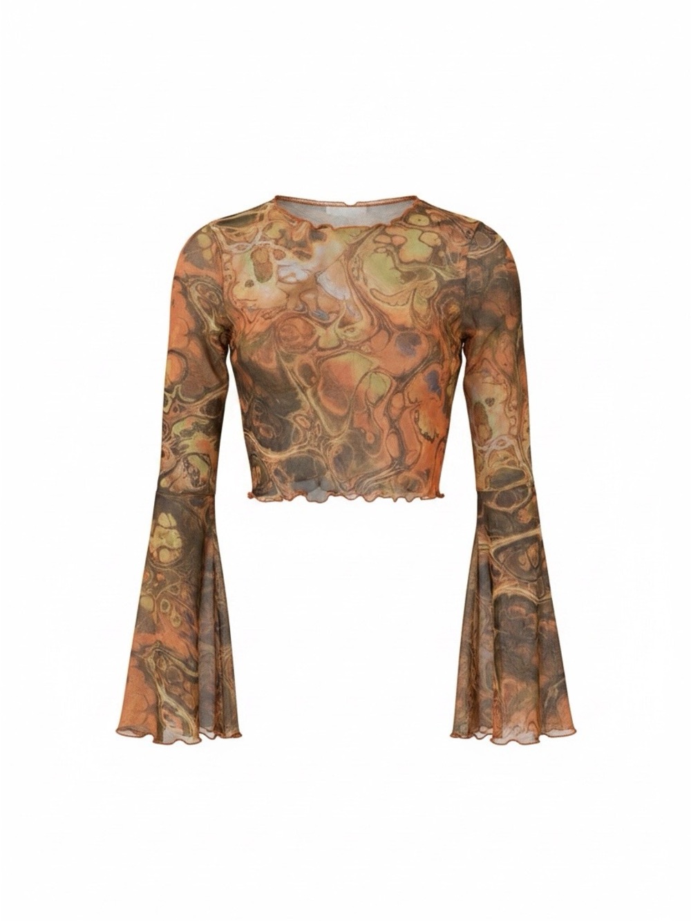 Women's Orange Marble Print Bell Sleeve Crop Top